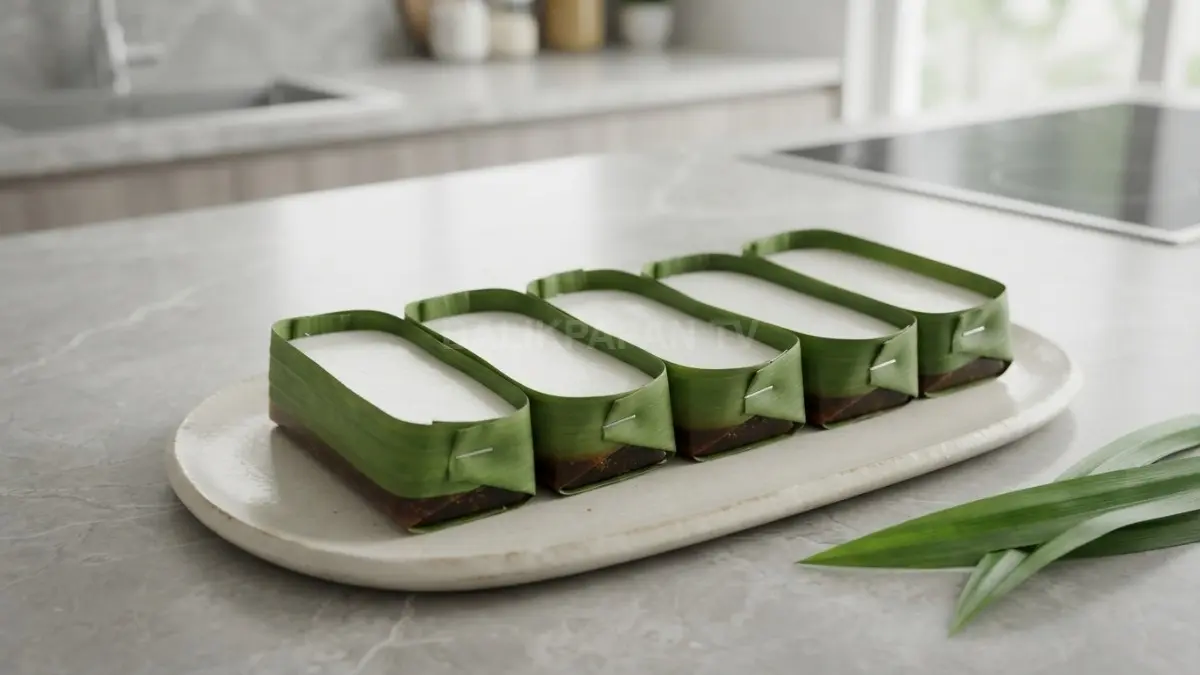 Kue jorong-jorong khas dengan wadah daun pisang tersaji rapi, lembut dan menggugah selera. (BTV/Ai)