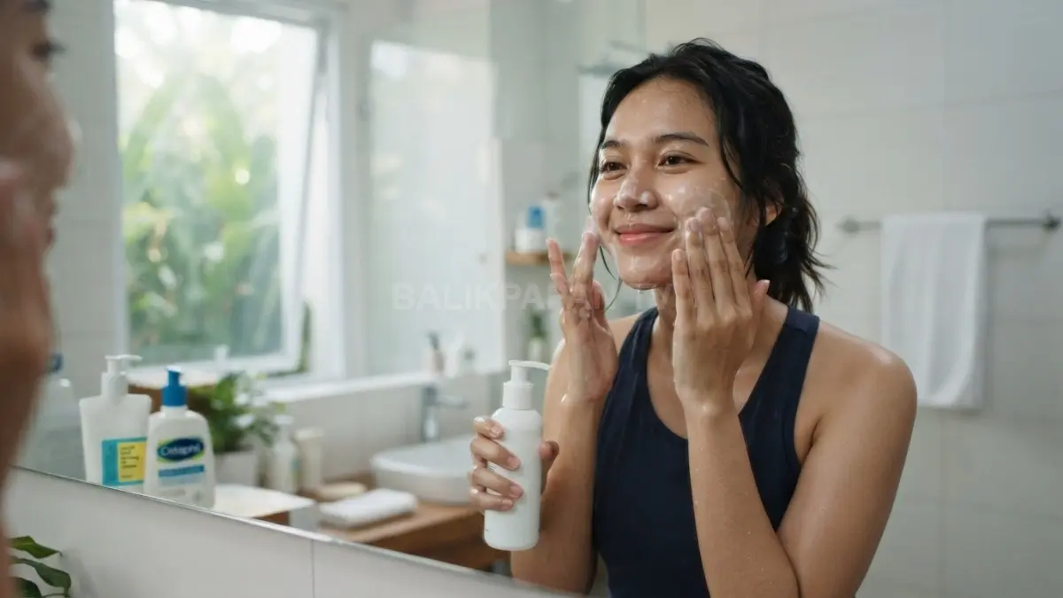 Membersihkan komedo sebaiknya dilakukan dengan pembersih lembut dan tanpa menggosok agar kulit tetap nyaman serta terhindar iritasi. (BTV/AI)