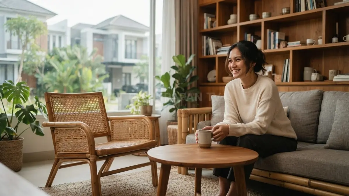 Perabot bambu, rotan, dan kayu lokal menghadirkan kehangatan alami dalam rumah modern yang rapi dan personal. (BTV/AI)
