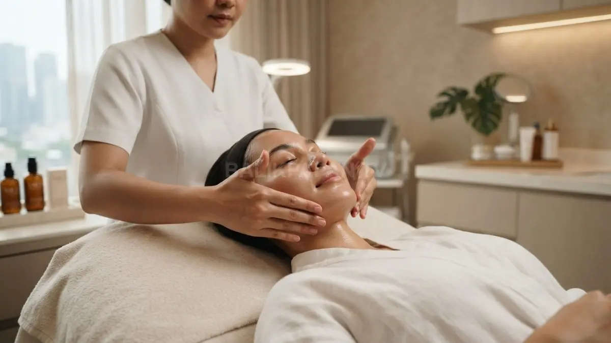 Perawatan pijat wajah lembut di spa modern untuk merawat kesehatan serta kesegaran kulit secara alami. (BTV/Ai)