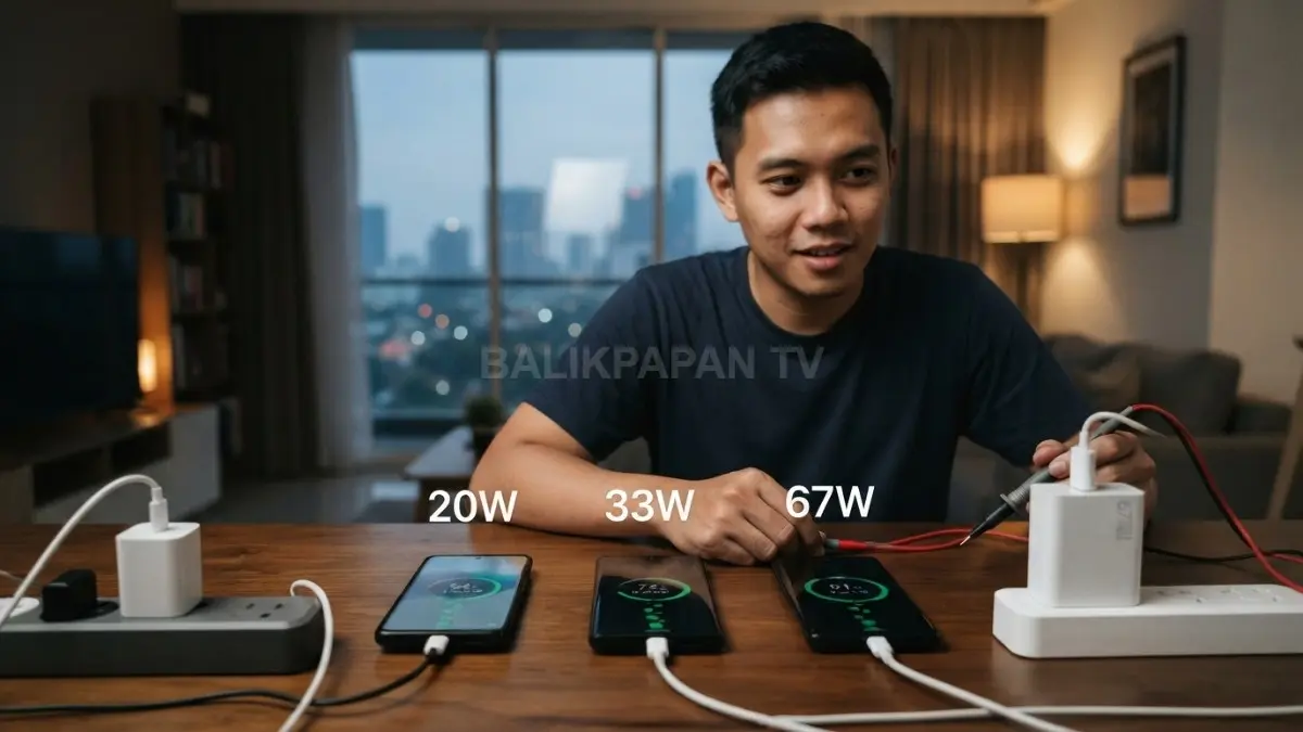 Perbandingan charger 20W, 33W, dan 67W untuk melihat perbedaan daya pengisian baterai HP.(BTV/AI)