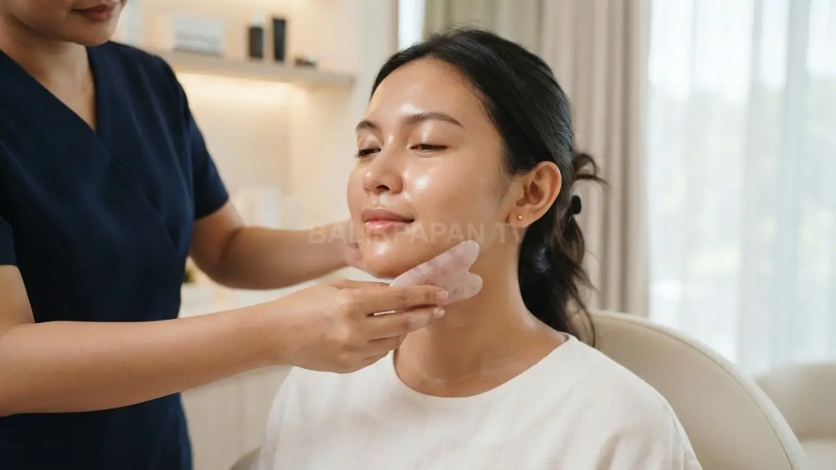 Pijatan lembut alat gua sha pada area rahang membantu mempertegas kontur wajah serta merawat kesehatan kulit. (BTV/Ai)