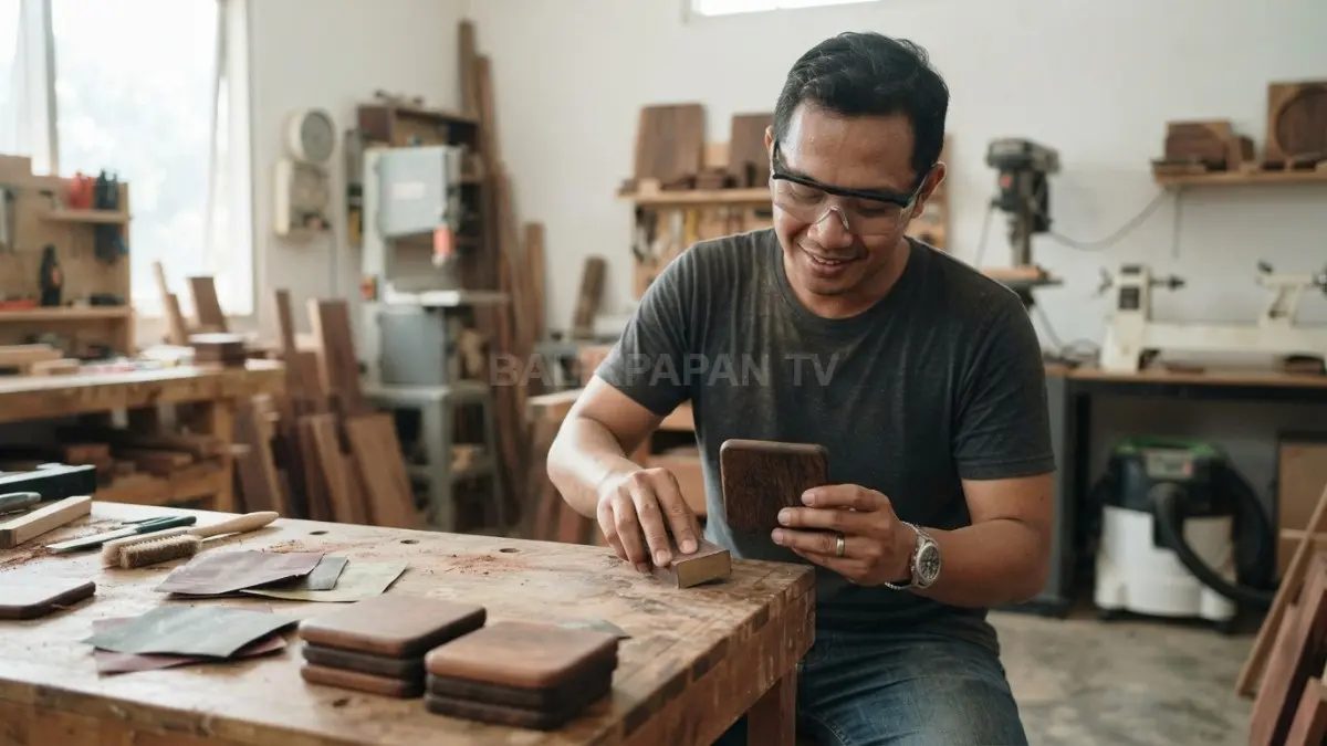 Potongan kayu ulin dihaluskan bertahap hingga rata, nyaman disentuh, dan aman digunakan tanpa tepi tajam. (BTV/AI)