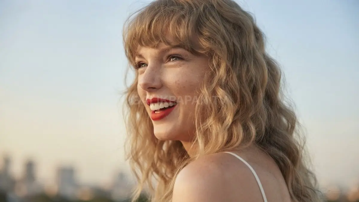 Potret pesona Taylor Swift tersenyum manis dengan tatanan rambut bergelombang dan lipstik merah menawan. (BTV/Ai)