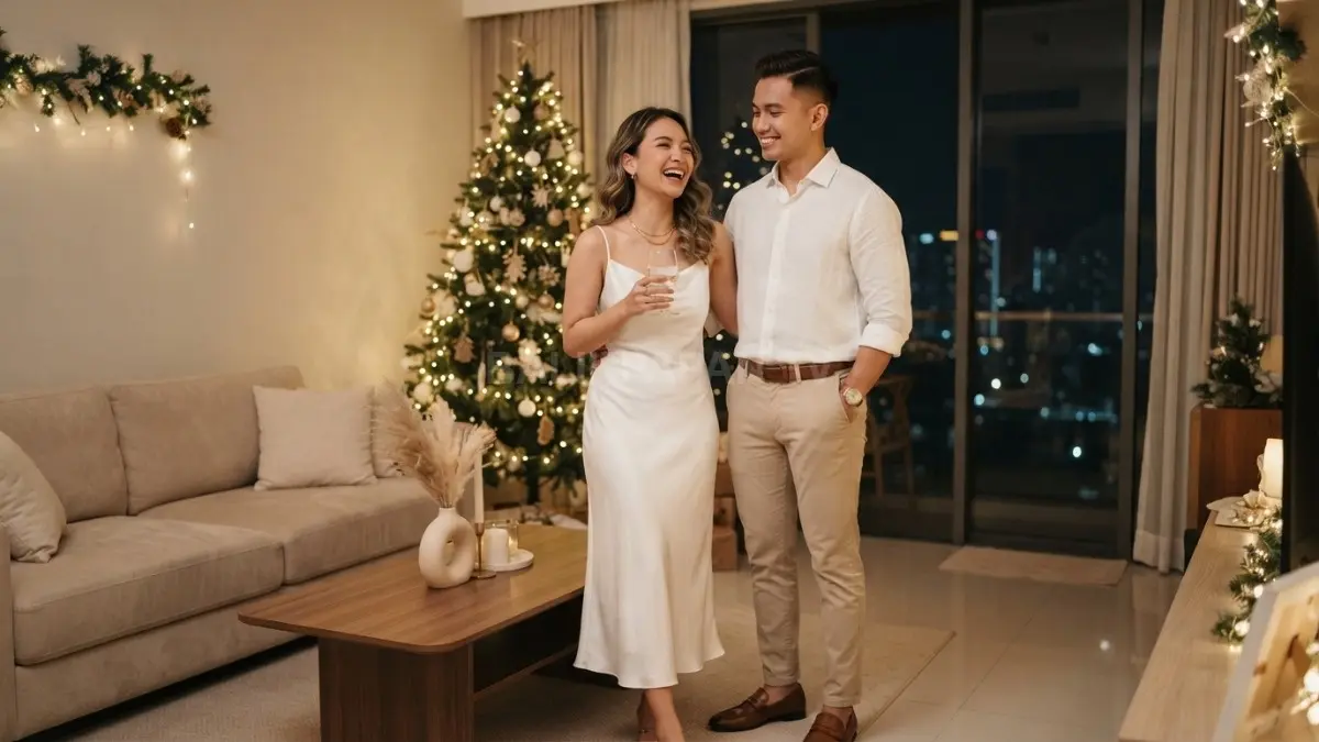 Putih dan beige menghadirkan gaya Natal elegan, minimalis, lembut, dan mudah dipadukan untuk keluarga (BTV/AI).