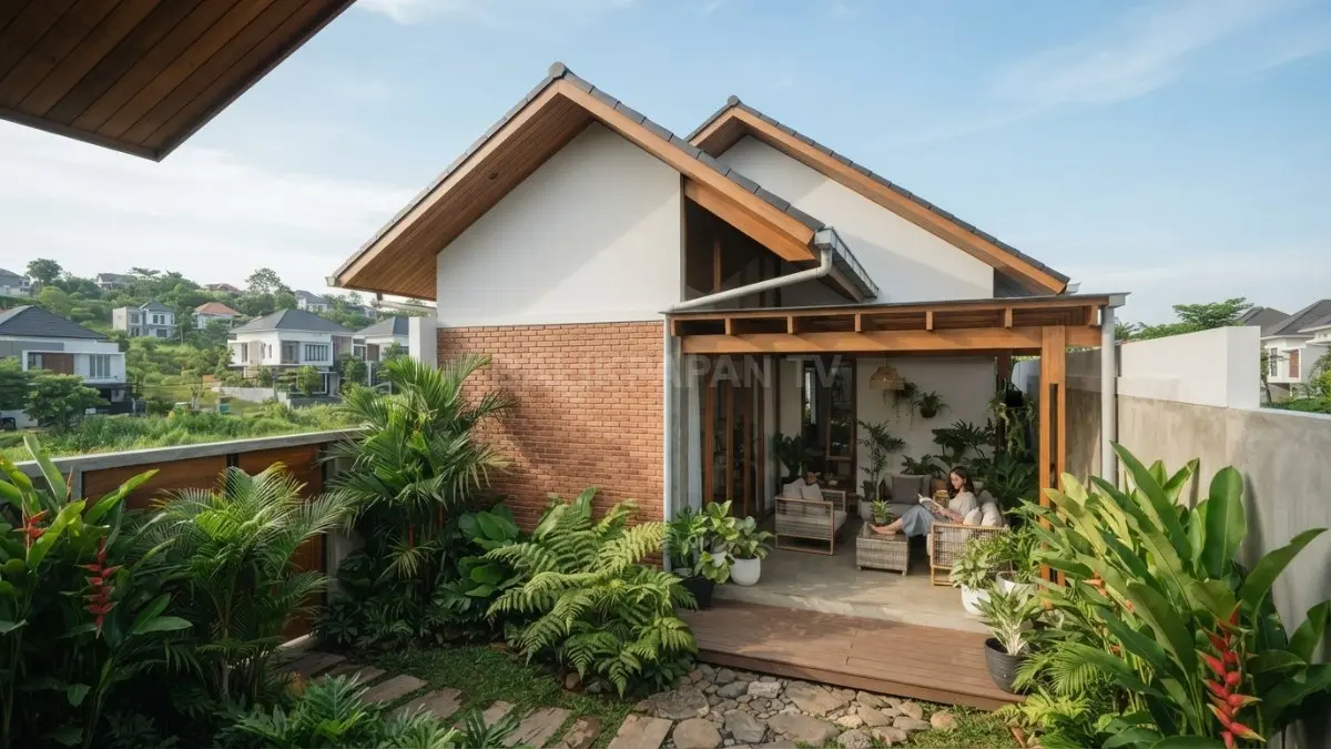 Rumah bergaya Nepal menampilkan atap miring, struktur kayu, dan material natural untuk hunian minimalis tropis nyaman (BTV/AI)