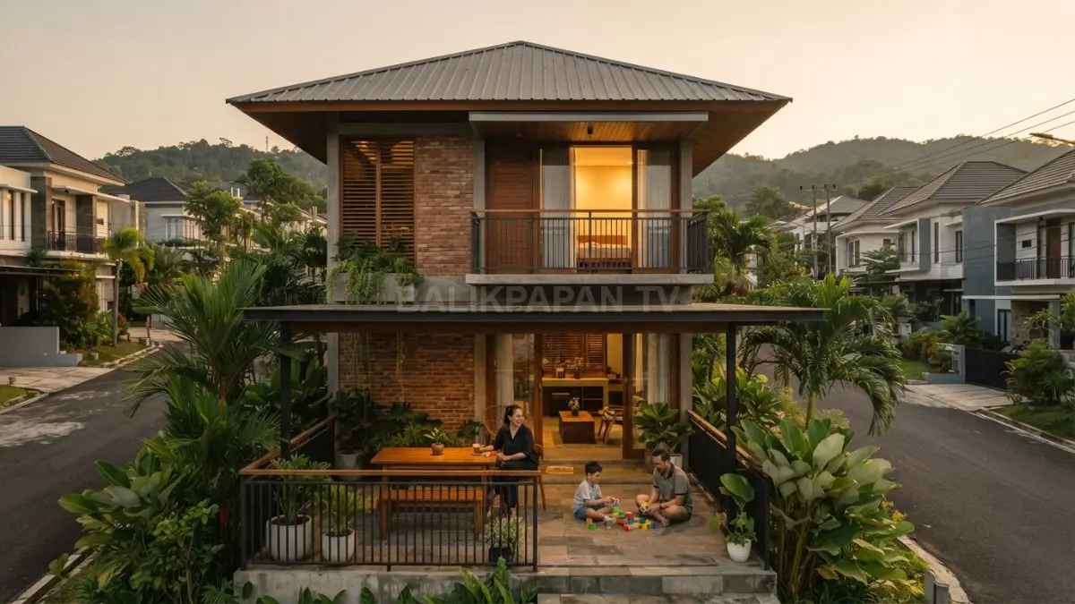 Rumah dua lantai bergaya Nepal dengan balkon, teras teduh, atap miring, dan material alami, cocok untuk tropis (BTV/AI)