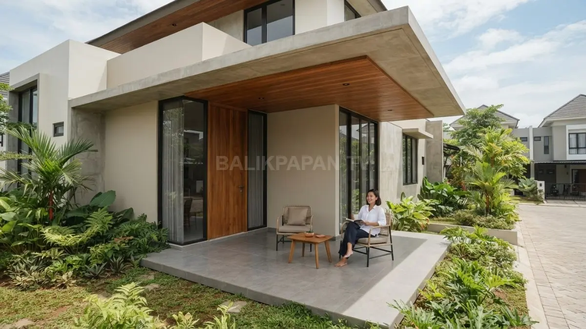 Rumah minimalis bergaya Malaysia dengan serambi teduh menghadirkan fasad nyaman dan responsif terhadap iklim tropis (BTV/AI)