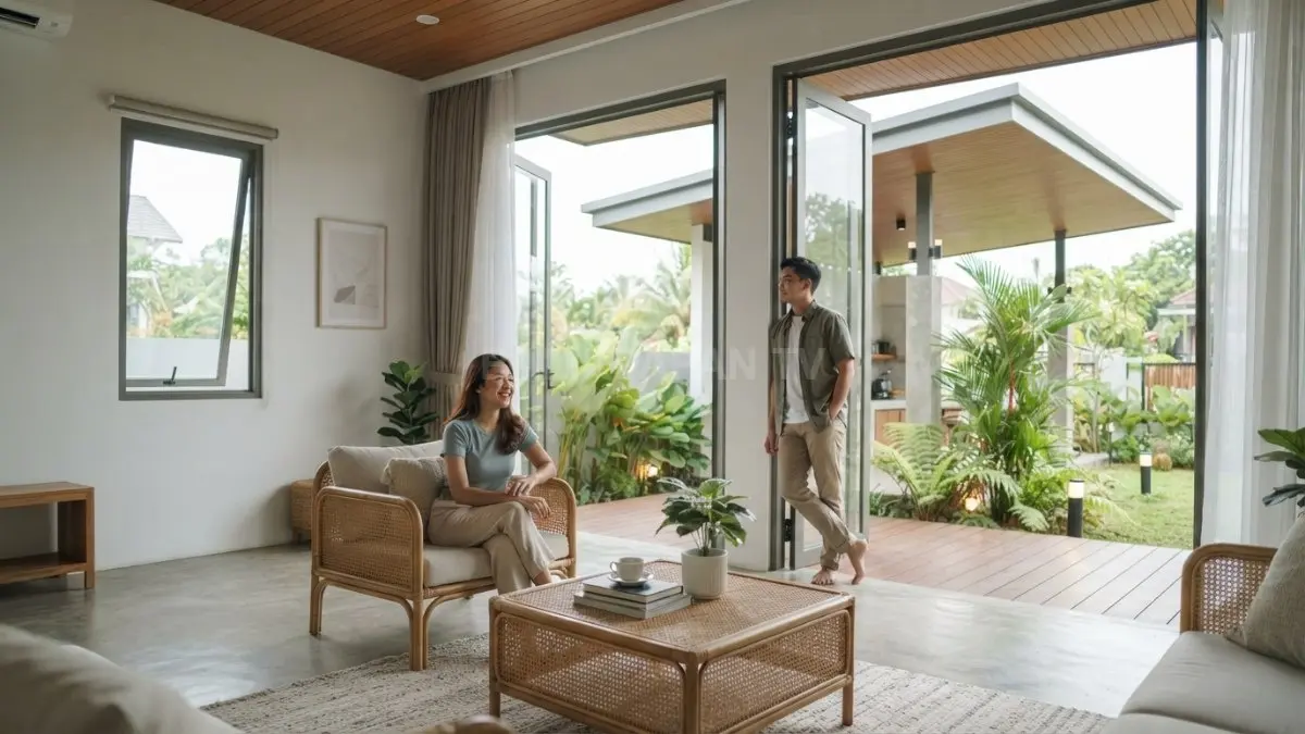 Rumah minimalis bergaya Malaysia mengoptimalkan bukaan silang untuk sirkulasi udara alami dan kenyamanan tropis. (BTV/AI)