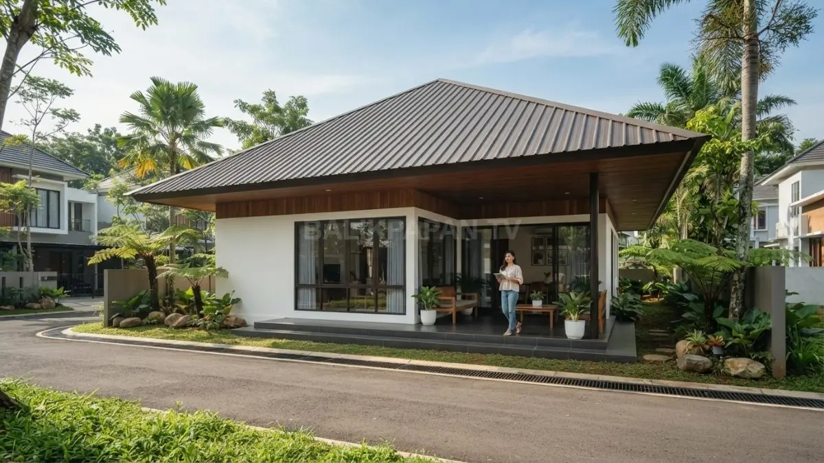 Rumah minimalis bergaya Malaysia menonjolkan atap miring lebar untuk perlindungan optimal dari panas dan hujan. (BTV/AI)