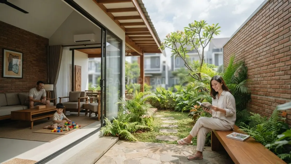 Rumah minimalis bergaya Nepal dengan courtyard hijau, bata ekspos, kayu, dan teras teduh untuk hunian tropis nyaman. (BTV/AI)