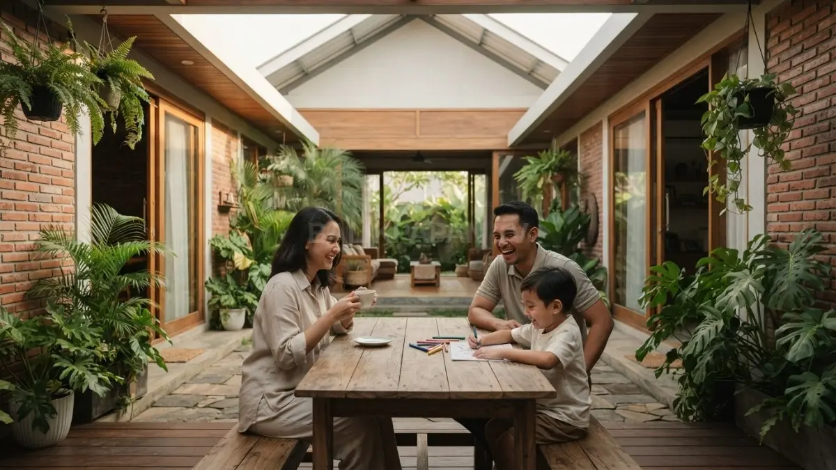 Rumah minimalis bergaya Nepal memadukan courtyard, bata, kayu, teras teduh, dan atap miring modern. (BTV/AI)