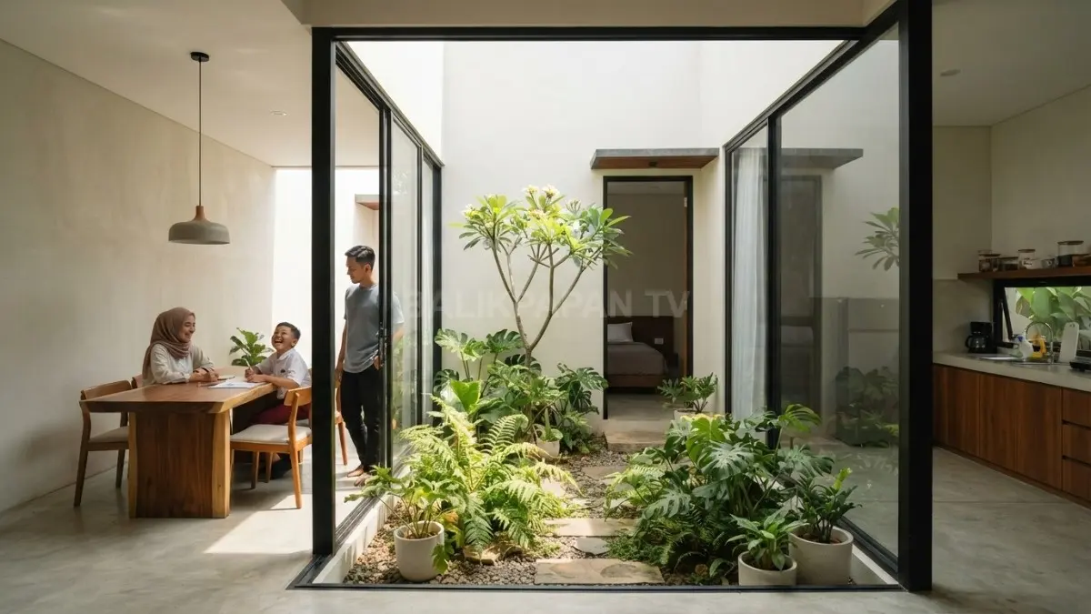 Rumah minimalis bergaya Qatar dengan courtyard privat, fasad sederhana, dan ruang teduh yang cocok untuk iklim tropis Balikpapan (BTV/AI)