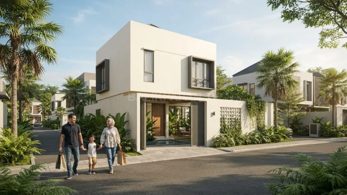Rumah minimalis Qatar tampil kubikal dengan parapet tinggi, atap tersembunyi, dan sistem drainase aman untuk hujan tropis. (BTV/AI)