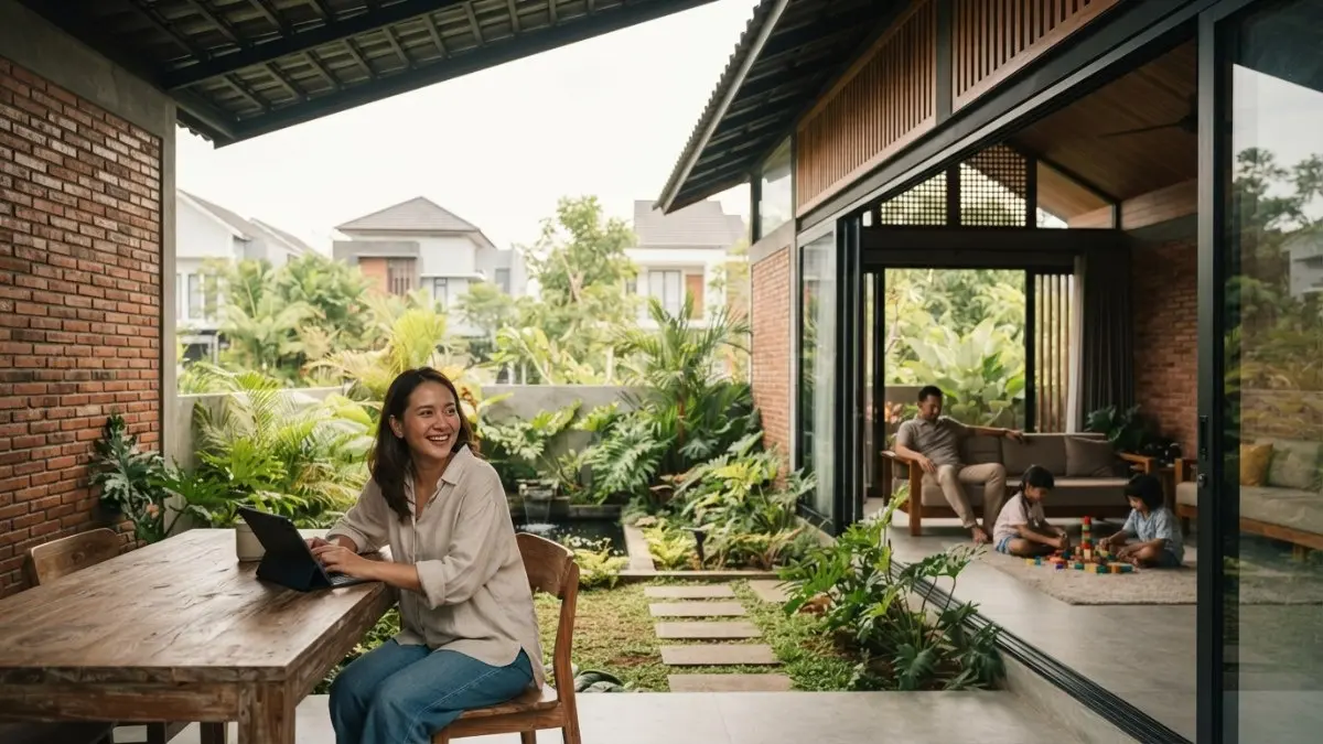 Rumah Nepal modern memadukan courtyard, bata ekspos, kayu, kaca, dan ruang keluarga terbuka untuk hunian tropis nyaman. (BTV/AI)