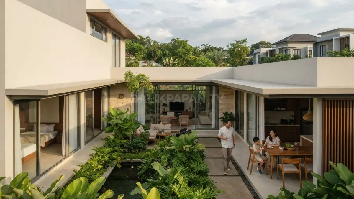 Rumah U-shape bergaya Qatar menghadirkan courtyard privat, teduh, nyaman, dan menyatu dengan ruang keluarga tropis. (BTV/AI)