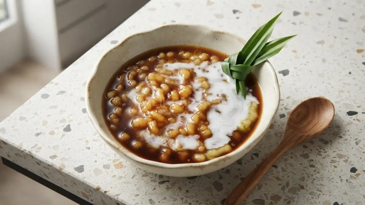 Sajian bubur baayak khas Banjar dengan kuah gula merah manis dan siraman santan gurih. (BTV/Ai)
