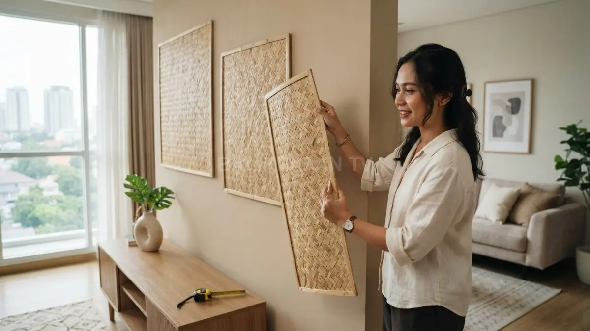 Sesuaikan ukuran anyaman bambu dengan dinding agar proporsional, bertekstur, dan nyaman; ukur dinding sebelum membeli. (BTV/AI)