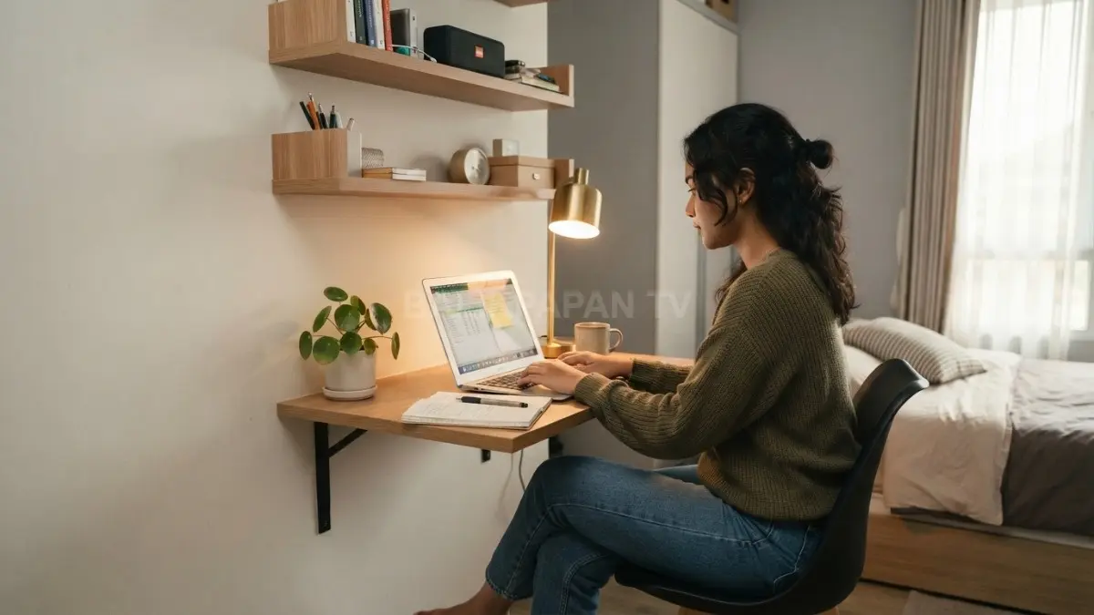Sudut kamar sempit bisa disulap menjadi ruang belajar nyaman dengan meja ramping dan penataan sederhana (BTV/AI).