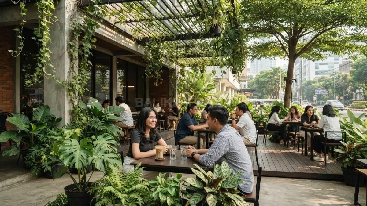Tanaman membantu menyejukkan area cafe tropis melalui keteduhan alami, tetapi tetap memerlukan perawatan dan penataan. (BTV/AI)