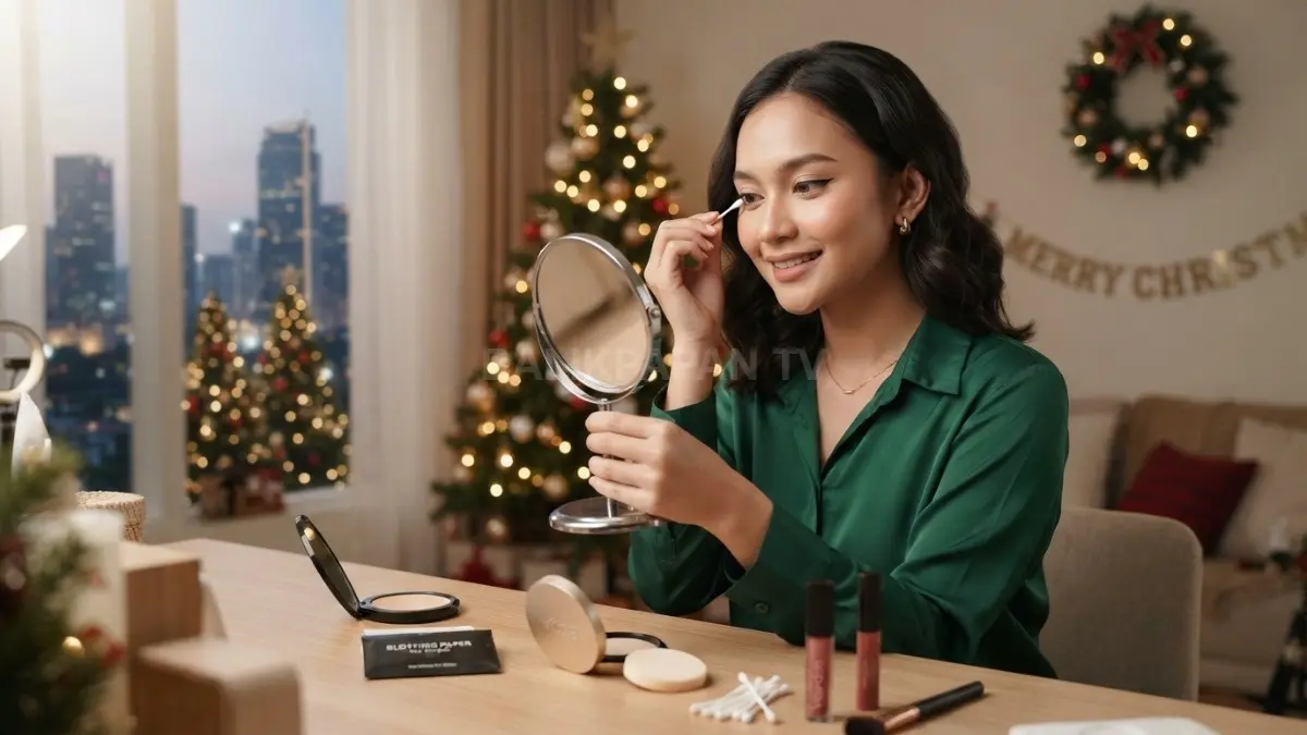 Tips makeup Natal untuk kulit berminyak agar tetap segar, nyaman, dan tidak mudah luntur sepanjang perayaan. (BTV/AI)