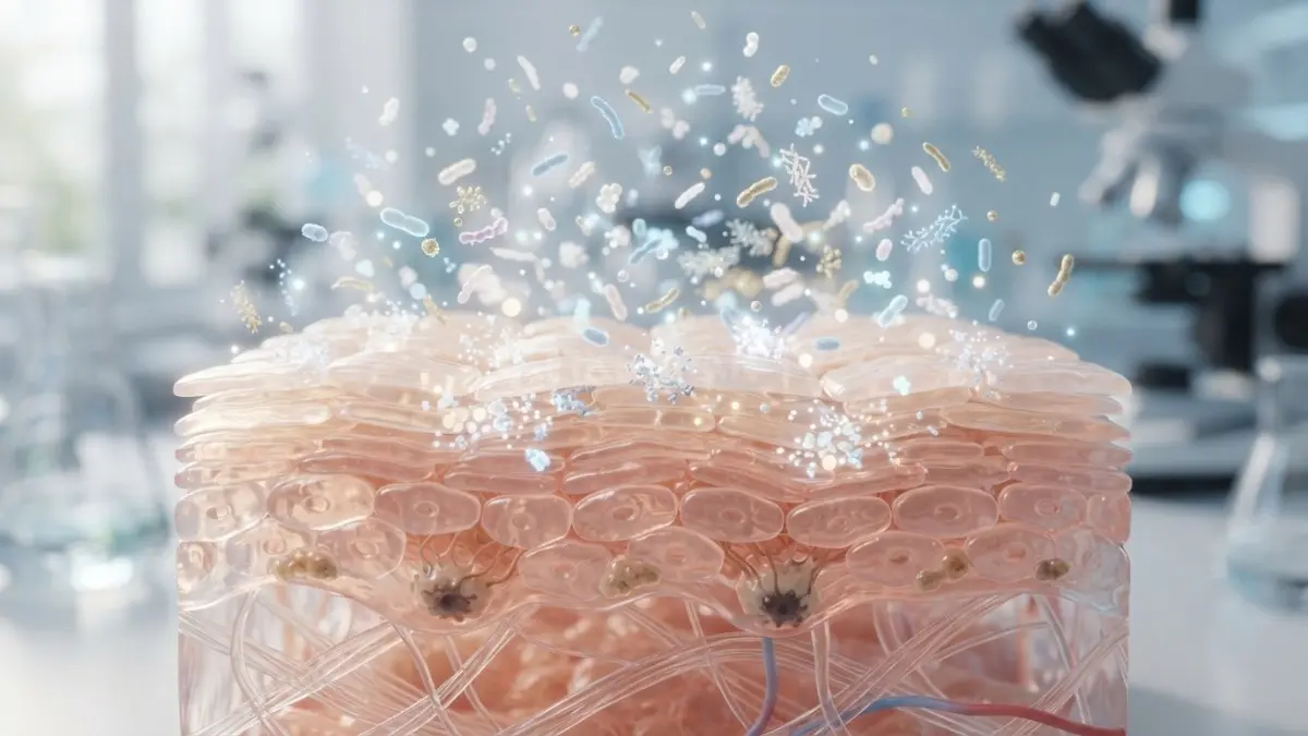 Visual mikroskopis molekul postbiotik yang mendukung ketahanan serta menjaga kesehatan lapisan pelindung kulit. (BTV/Ai)