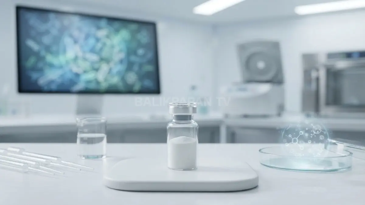 Visualisasi postbiotik dan struktur mikroba dalam laboratorium modern untuk pencegahan risiko infeksi. (BTV/Ai)