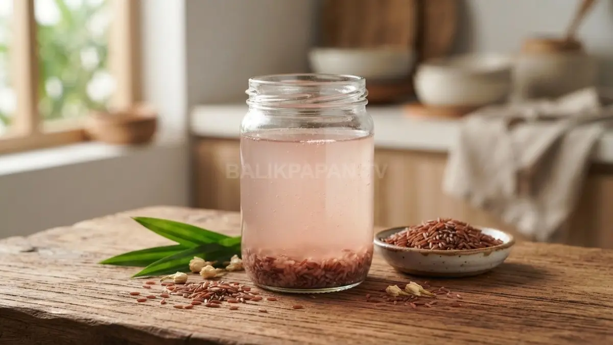 Air beras merah fermentasi dalam toples kaca untuk perawatan rambut alami bernuansa estetis. (BTV/Ai)