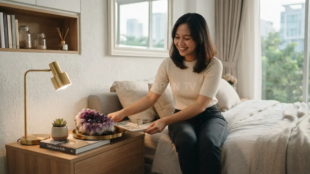 Amethyst menjadi titik fokus kamar, menghadirkan sentuhan ungu elegan yang hangat dan berkarakter. (BTV/AI)