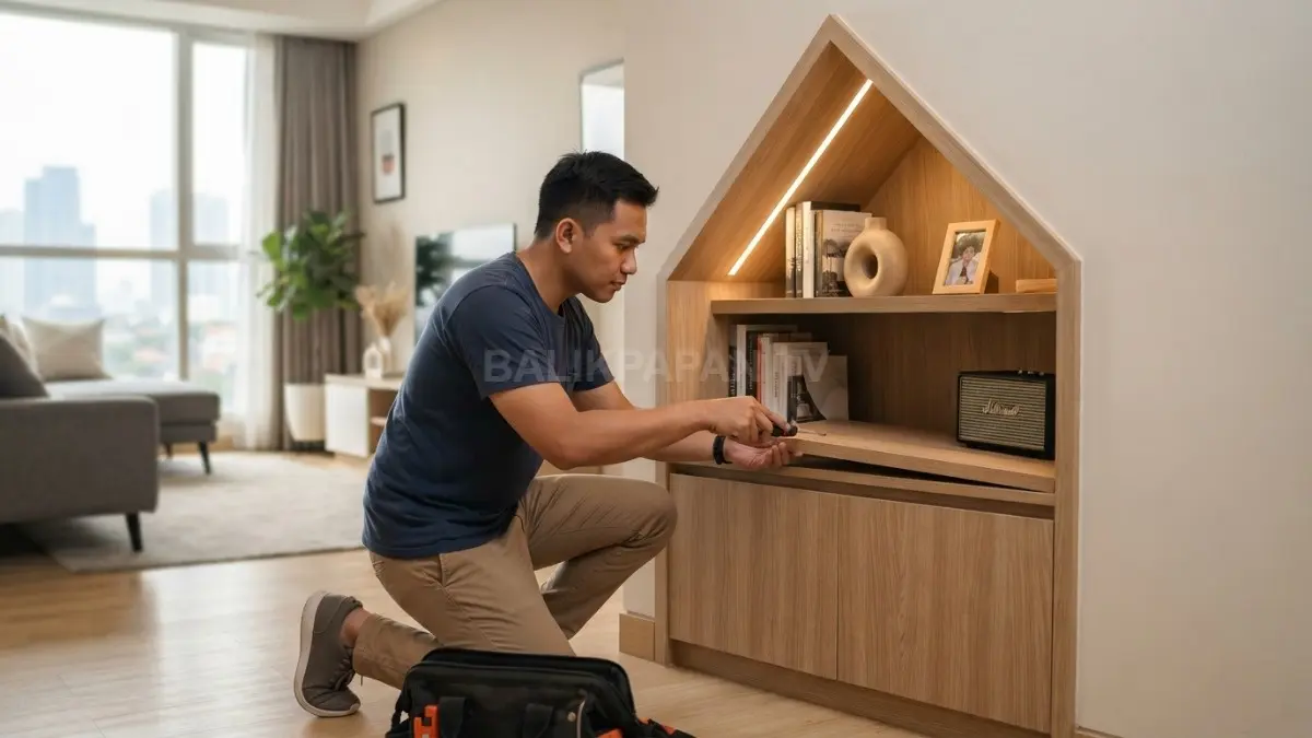 Ceruk mengikuti sudut dinding asli, tetap rapi, fungsional, nyaman digunakan, dan mudah dirawat tanpa memaksakan bentuk ruang. (BTV/AI)