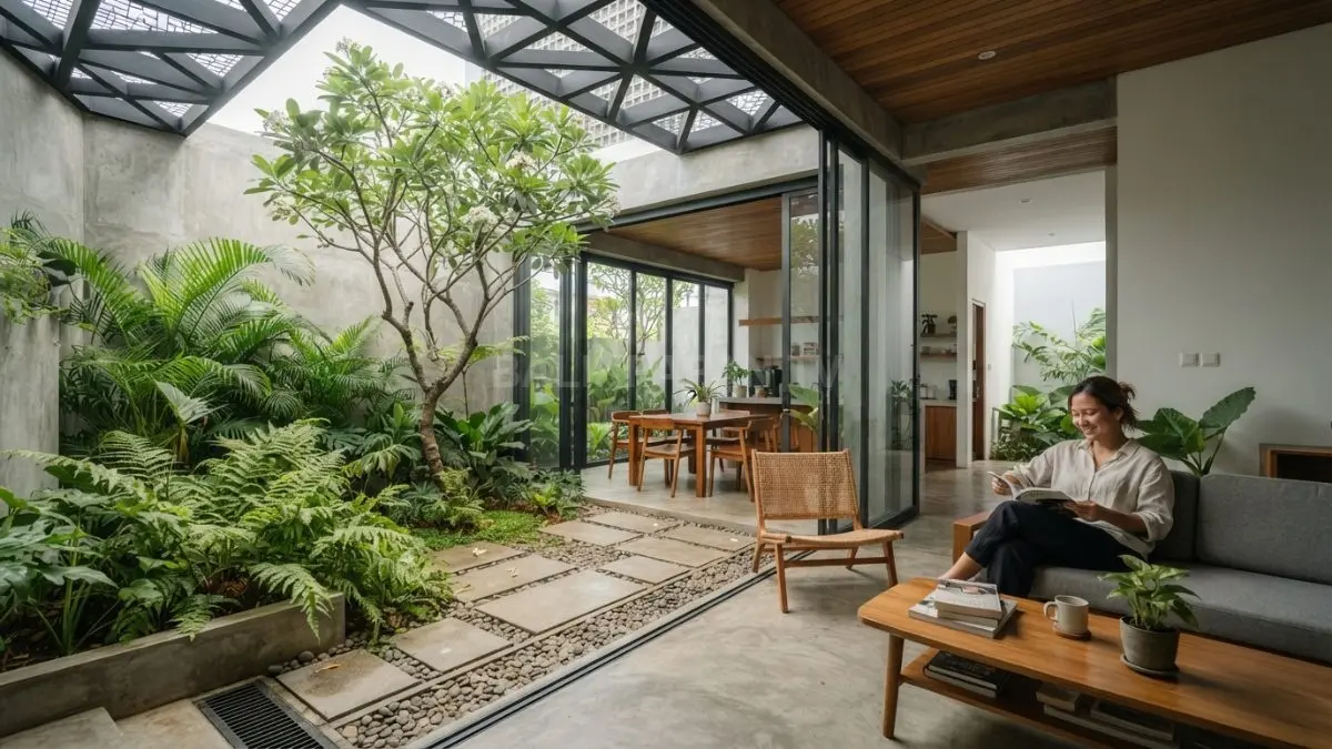 Courtyard tropis di tengah rumah menciptakan suasana sejuk, terang, dan alami dengan ventilasi optimal (BTV/AI)