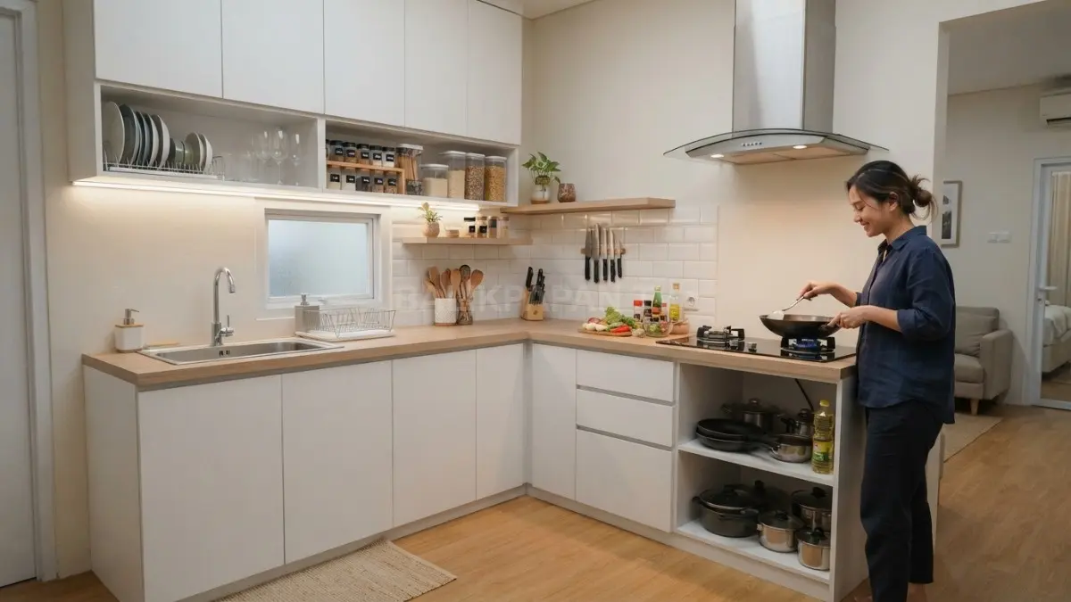 Dapur L minimalis memaksimalkan sudut, menyisakan ruang gerak nyaman dengan kabinet putih kayu terang (BTV/AI)