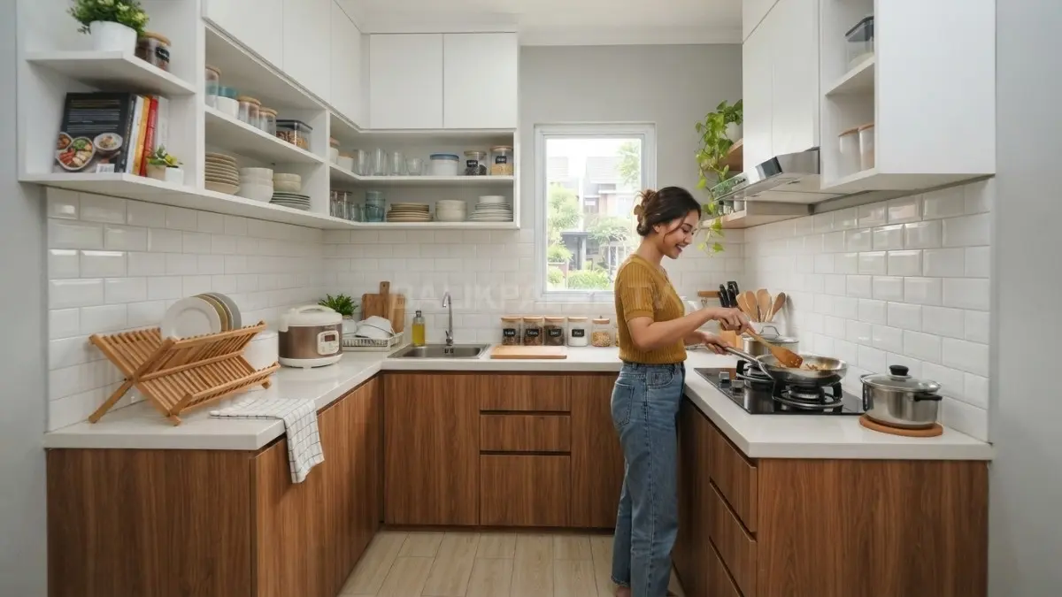 Dapur minimalis dua warna putih kayu menghadirkan kontras hangat sekaligus memaksimalkan penyimpanan vertikal untuk ruang (BTV/AI)