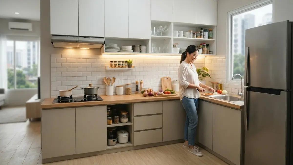 Dapur satu garis dengan kabinet beige, lemari gantung putih, dan countertop kayu muda menghemat ruang. (BTV/AI)