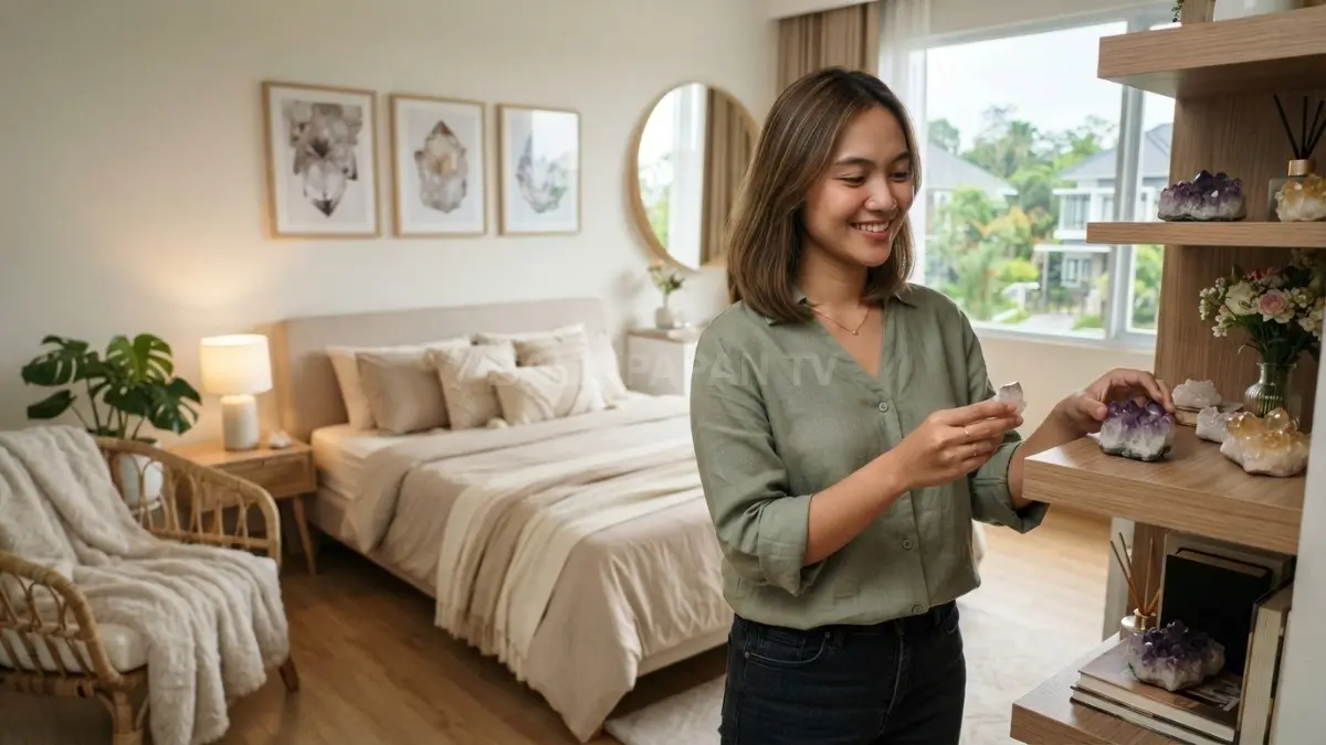 Dekorasi kamar kristal elegan menghadirkan suasana hangat, nyaman, dan unik dengan pencahayaan serta tekstur menarik (BTV/AI)