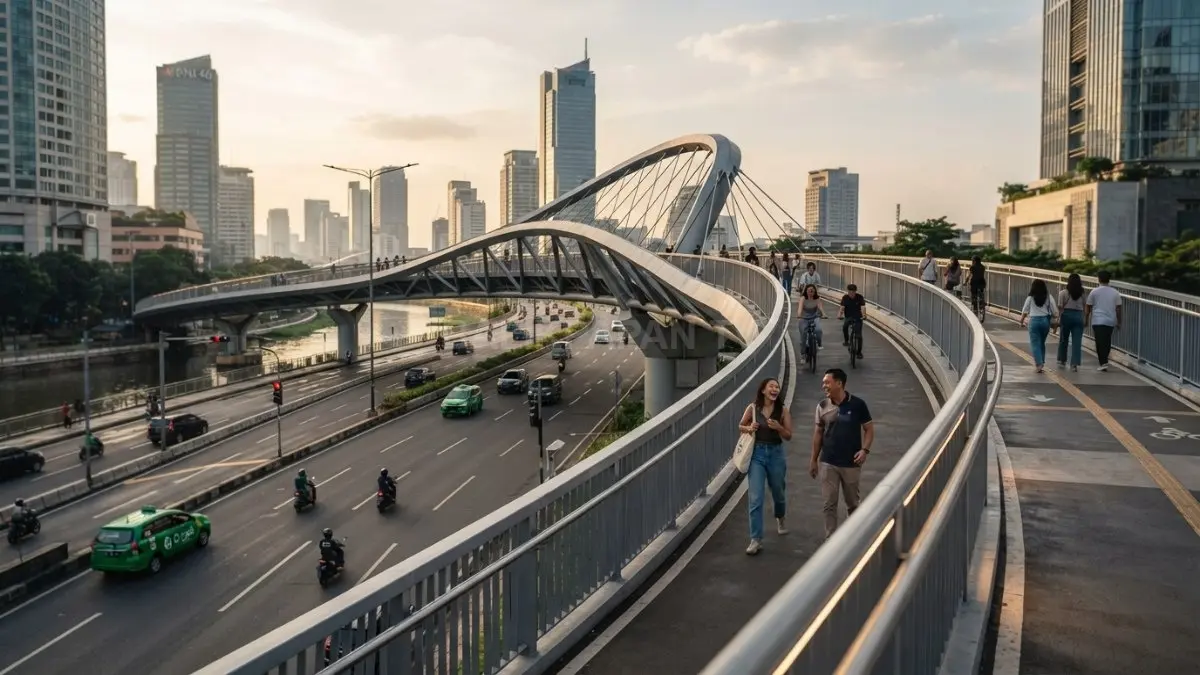 Desain jembatan modern memadukan garis lurus, lengkungan lembut, dan kurva S untuk pengalaman visual (BTV/AI)