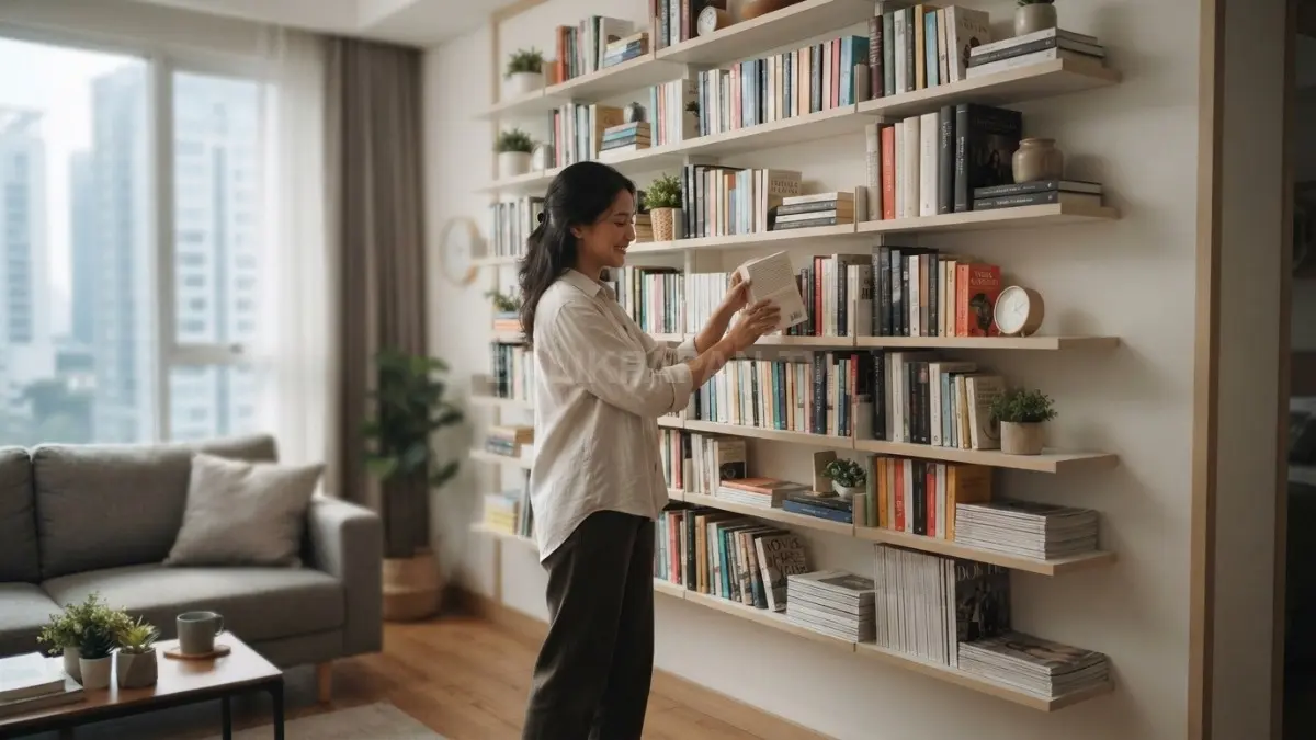 Dinding 2 meter diubah menjadi perpustakaan mini dengan rak tipis, modular, dan penataan buku rapi. (BTV/AI)