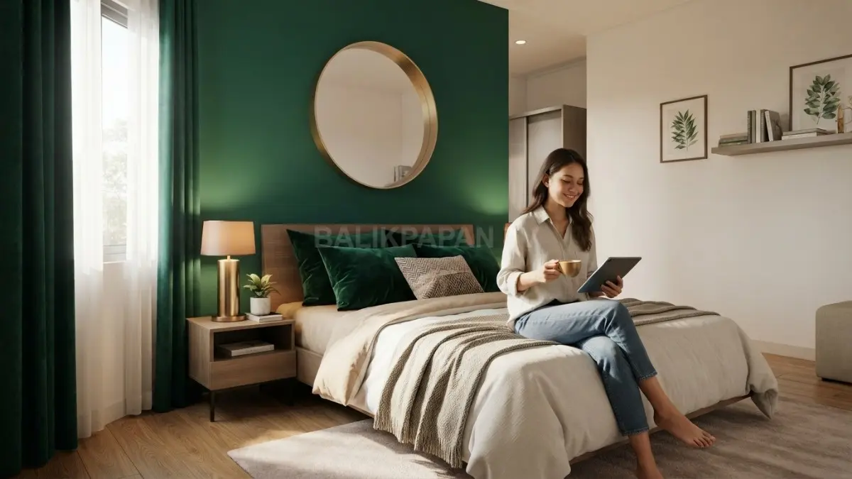 Dinding zamrud menjadi focal point kamar, dipadukan warna netral untuk menciptakan suasana elegan dan hangat (BTV/AI)