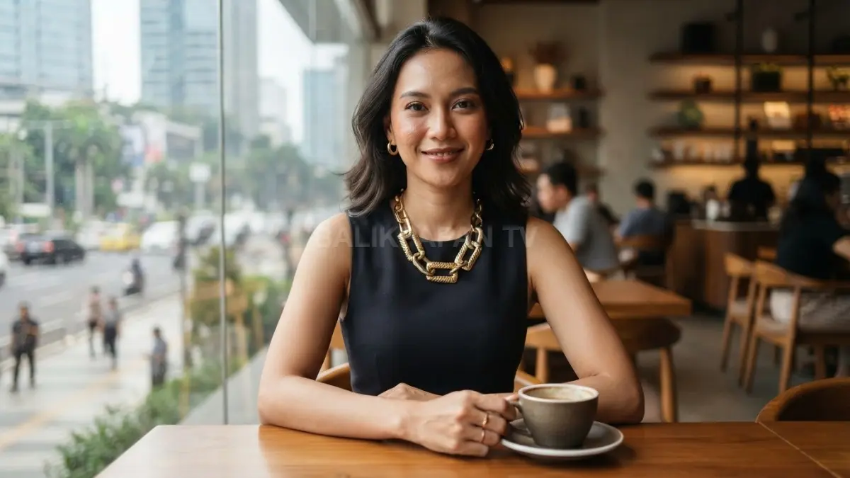 Dress gelap polos tampak elegan dengan aksesori leher kontras yang tepat dan tidak berlebihan tetap. (BTV/AI)