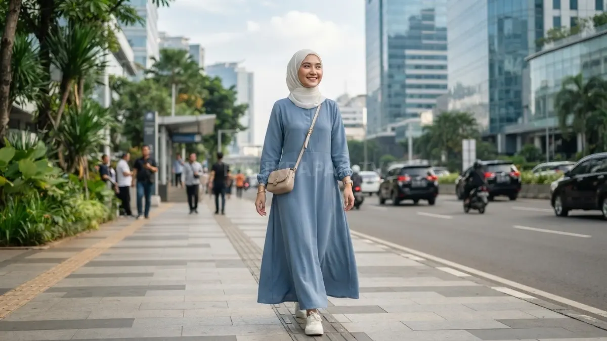 Dusty blue cocok dipadukan hijab putih, abu muda, atau silver lembut untuk gamis simpel elegan. (BTV/AI)