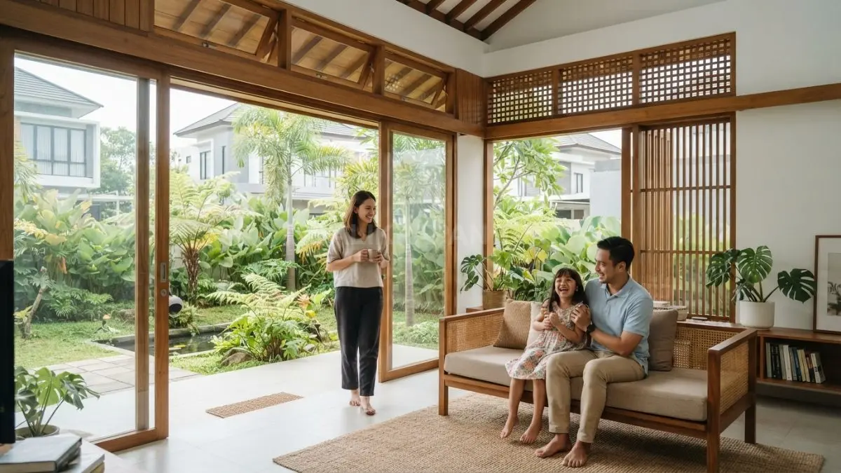 Fasad kayu berpadu bukaan lebar menghadirkan hunian tropis minimalis yang hangat, terang, dan memiliki ventilasi alami (BTV/AI)