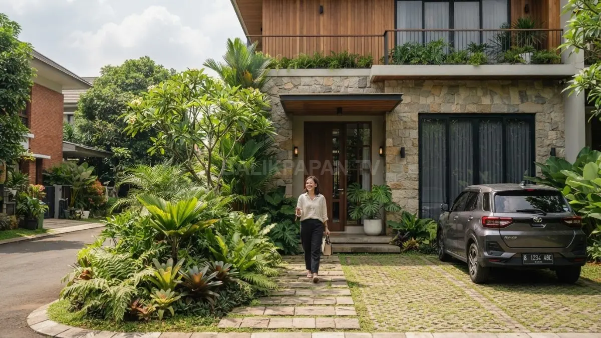 Fasad natural, batu alam, kayu hangat, tanaman hijau, elegan, asri, modern, nyaman, harmonis, berkelas, alami, menawan, estetik, tropis, (BTV/AI).