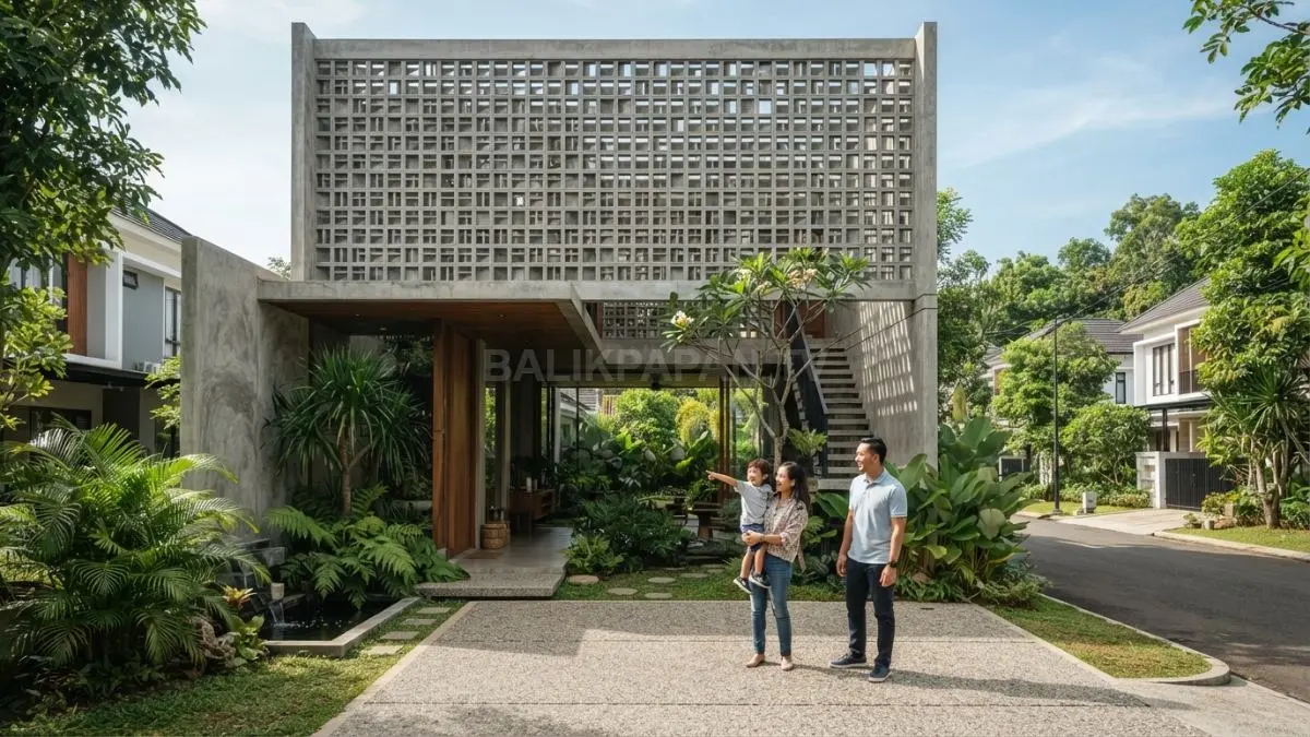 Fasad rumah tropis dengan roster menghadirkan keteduhan, privasi, ventilasi alami, dan karakter minimalis modern elegan (BTV/AI)