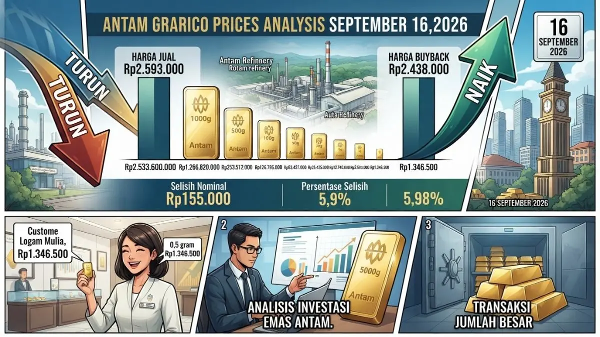 Harga emas Antam turun, sementara buyback naik, menciptakan selisih harga pada perdagangan 16 September 2026 [BTV:AI]