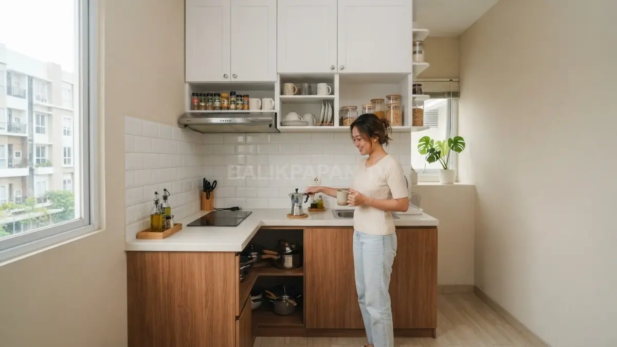 Inspirasi dapur minimalis 2x3 meter dengan kabinet putih, countertop kayu terang, dan lemari gantung fungsional.