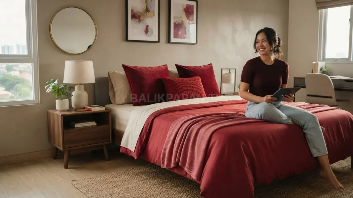Inspirasi kamar bertema ruby dengan bedding merah, tekstur lembut, dan aksen netral menghadirkan suasana seimbang. (BTV/AI)