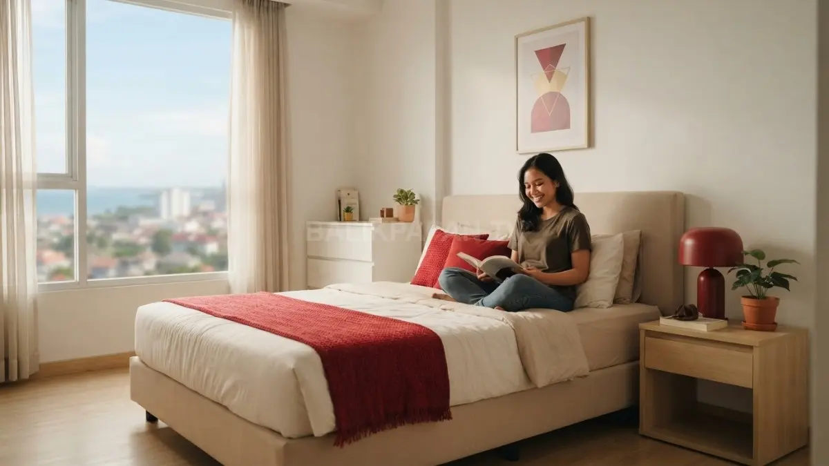 Inspirasi kamar ruby minimalis memadukan aksen merah pekat, bedding netral, dan pencahayaan lembut untuk suasana. (BTV/AI)