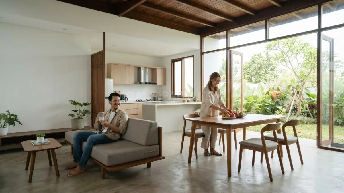 Interior terbuka memadukan jendela berseberangan, partisi kayu, dan ruang keluarga untuk ventilasi silang alami optimal. (BTV/AI)