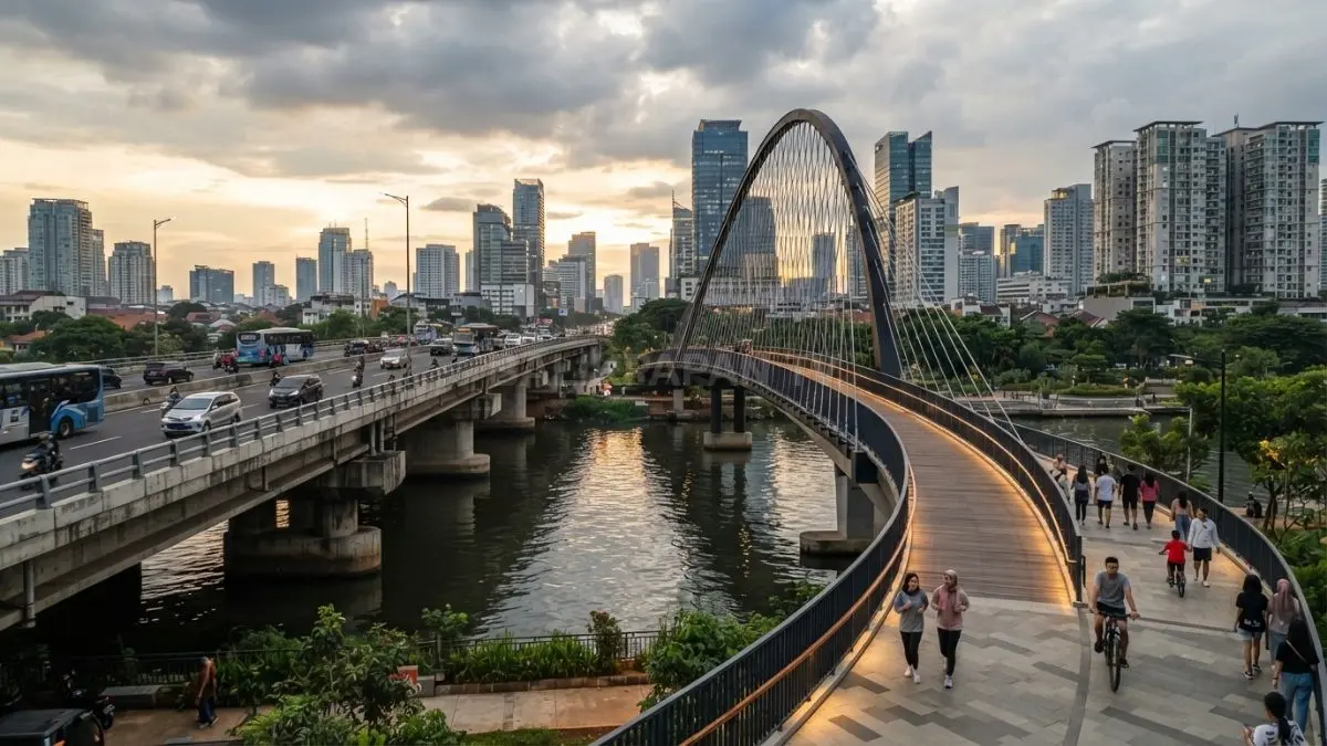 Jembatan melengkung dan lurus memperlihatkan karakter desain berbeda dalam lanskap perkotaan yang dinamis harmonis (BTV/AI)