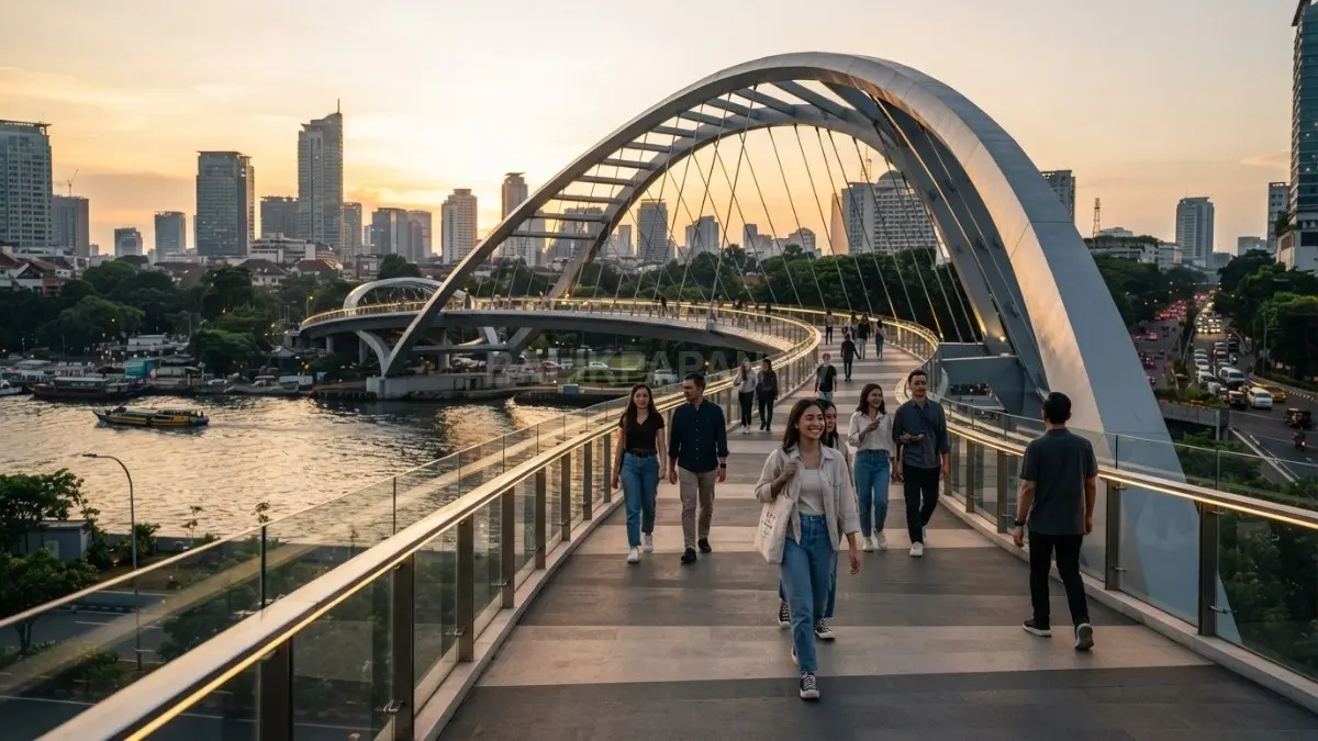 Jembatan melengkung menghadirkan kesan elegan, dinamis, ikonik, sekaligus pengalaman perjalanan yang menarik bagi pejalan kaki (BTV/AI).